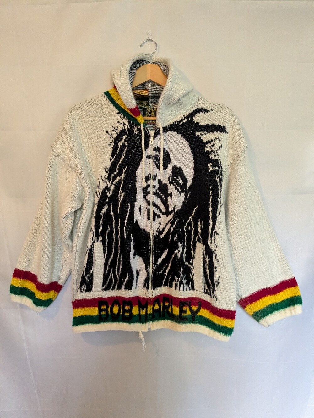 Vintage Tejidos Ruminahui Bob Marley Knit Hooded Sweater Jacket AOP M